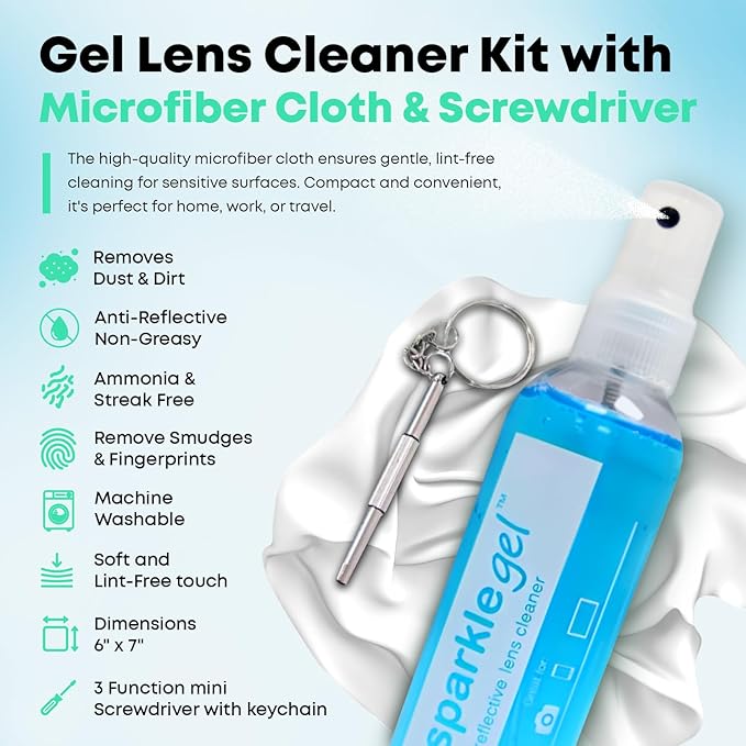 Sparkle Anti-Reflective Safe Gel Lens Cleaner & Repair Kit – (2) 1oz Glasses Cleaner Spray, (2) Microfiber Cloth & Keychain Screwdriver for Eyeglasses, Lenses & Screens (5 Piece Set)