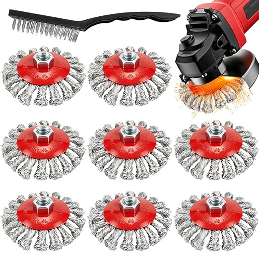 9 Pack Wire Wheel Brush for Angle Grinder, Wire Wheels Attachment for 4-1/2" Angle Grinders, Screws on 5/8” Thread, 4 Inch Knotted Twist Carbon Steel Brush Set for Rust, Paint & Metal Removal