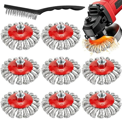 9 Pack Wire Wheel Brush for Angle Grinder, Wire Wheels Attachment for 4-1/2" Angle Grinders, Screws on 5/8” Thread, 4 Inch Knotted Twist Carbon Steel Brush Set for Rust, Paint & Metal Removal
