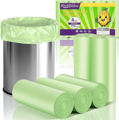 Rishipahu Small Trash Bags 4-6 Gallon Biodegradable, 110 Count Small Garbage Bags, Unscented & Leakage-Proof, Easy Tearing Bathroom Trash Bags for Bathroom, Office, Bedroom, Kitchen, Green