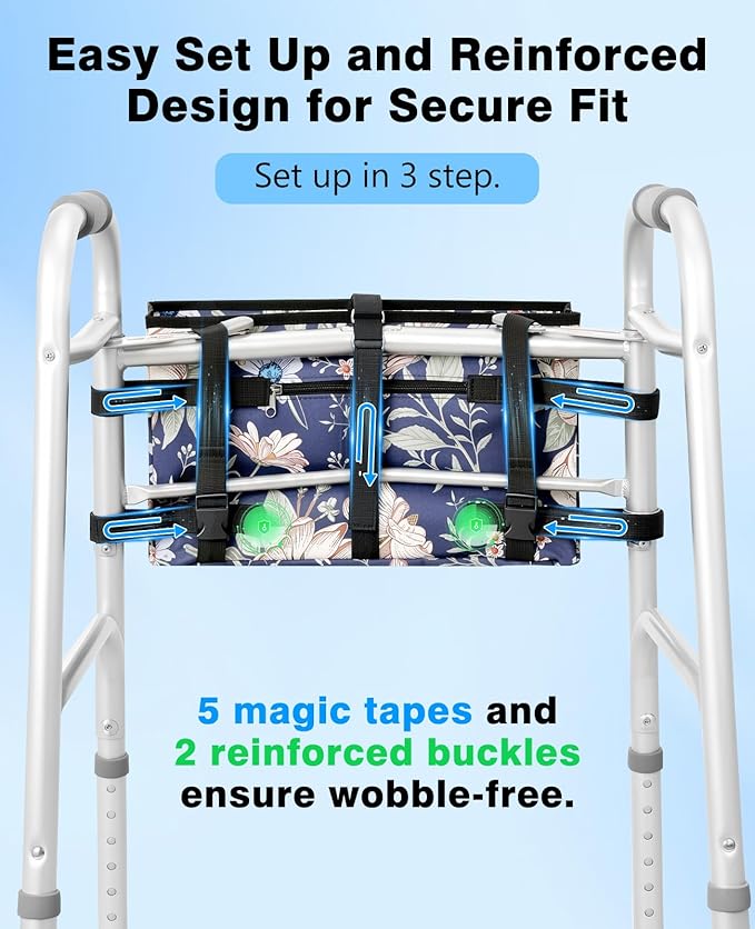 Rhino Valley Walker Bag, Secure Fit Walker Basket with Cup Holder, Large Capacity Foldable Walker Accessories for Seniors, Detachable Folding Walker Pouch Organizer for Older Elderly Gifts,Blue Cosmos
