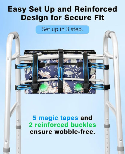 Rhino Valley Walker Bag, Secure Fit Walker Basket with Cup Holder, Large Capacity Foldable Walker Accessories for Seniors, Detachable Folding Walker Pouch Organizer for Older Elderly Gifts,Blue Cosmos