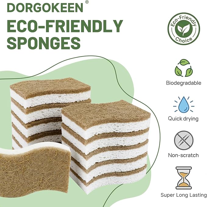 12 Pack Biodegradable Kitchen Dish Sponges, Natural Plant-Based Coconut Fiber and Compostable Cellulose Sponge, Non-Scratch Heavy Duty Scrub Sponges for Non-Stick Cookware, Kitchen Household Cleaning