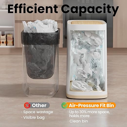 Bathroom Trash Can with Lid and Wheels, 10L/2.6 Gal Small Slim Garbage Can, Air-Press Bag Expander, Odor & Pet Proof, Wood Grain Press Lid, White Wastebasket for Bedroom, Office, Living Room