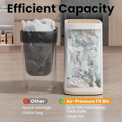 Bathroom Trash Can with Lid and Wheels, 10L/2.6 Gal Small Slim Garbage Can, Air-Press Bag Expander, Odor & Pet Proof, Wood Grain Press Lid, White Wastebasket for Bedroom, Office, Living Room