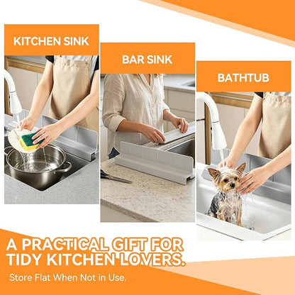 Kitchen Sink Splash Guard 22.8 Inch, Self-Draining Silicone Water Splash Guard with 7 Suction Cups, High Splash Wall & Overhang Edge, Keeps Countertop Dry, Dishwasher Safe (Gray)