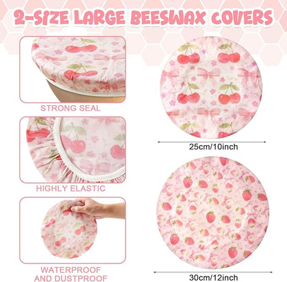 2-Pack Reusable Beeswax Bowl Covers with Pink Bow & Fruit Pattern, 10/12 Inch Elastic Cotton Food Storage Covers for Bread Proofing, Sourdough Dough & Kitchen Containers