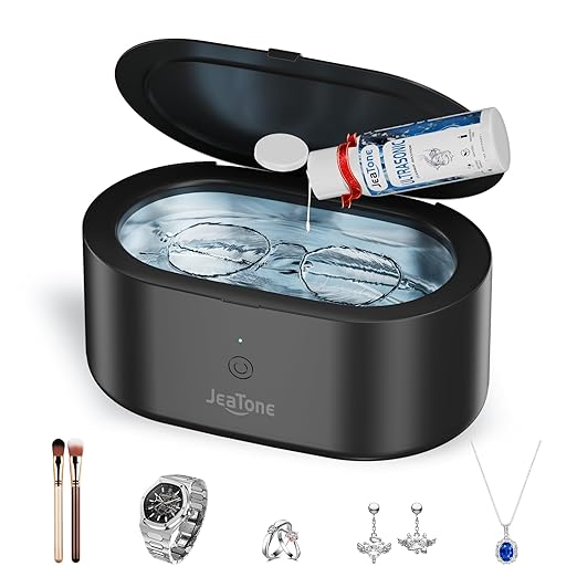 JeaTone Ultrasonic Jewelry Cleaner, 46KHz Sonic Jewelry Cleaner Machine for All Jewelry, Eyeglasses, Retainers, Dentures, Rings, Watches, Earrings & More, 304 Stainless Steel 20oz Cleaning Pod (Black)