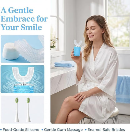 Sonic Electric U Shaped Toothbrush for Adults, Automatic Full Mouth Cleaning Toothbrush, 360° Stain Removal, IPX7 Waterproof Rechargeable, 3 U-Shape & 2 Straight Brush Heads (Blue)