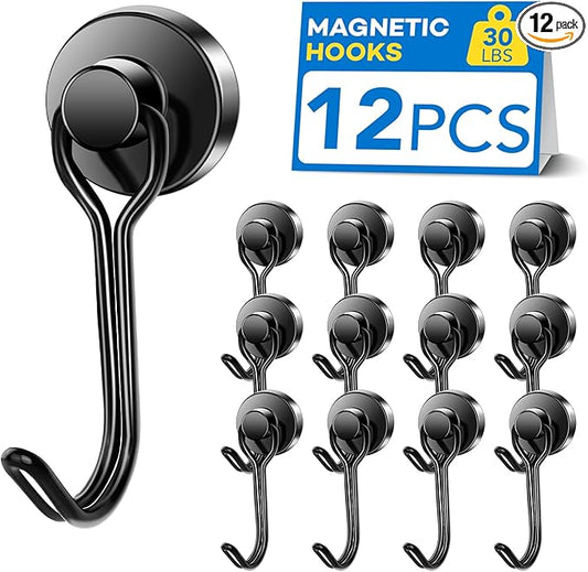 LOVIMAG Hooks, 30lbs+ Magnetic Magnet Hook 2025 Cruise Cabin Ship Essentials Heavy Duty Strong Refrigerator Fridge Hanging for Classroom Beach Vacation Kitchen Grills Home Mug Hanger (12 Pack), Black