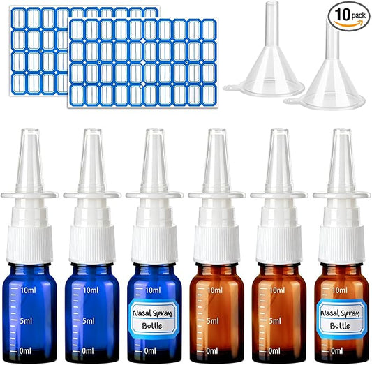 10 Pcs Nasal Spray Bottle, 10ML/0.35OZ 6Pcs Glass Empty Brown Blue Scale Nasal Nose Spray Bottles Refillable with 2 Funnels and 2 Labels
