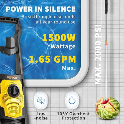 VEVOR Electric Power Washer, 2000 PSI 1.65 GPM, Portable Cleaner with 30ft Hose, Foam Cannon & 5 Nozzles for Cars, Patios, Fences - ETL Listed
