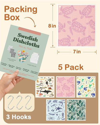 Miss Adola Swedish Dishcloths for Kitchen with Hooks - Reusable Dish Cloths for Washing Dishes Fast Drying Cute Fun 5 Pack Swedish Dish Towels Washable Cleaning Sponge, Deep Sea Fish