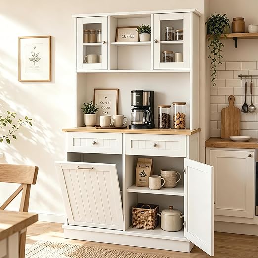 RASOO Trash Can Cabinet 67.7" Tall Kitchen Pantry Storage Sideboard Freestanding Tilt Out Trash Can 10 Gallon Glass Doors with 2 Drawers Microwave Coffe Bar