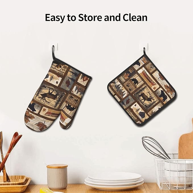 Rustic Lodge Pot Holders and Oven Mitts - Bear Moose Forest Oven Glove Hot Pads for Kitchen Chef Gifts for Cooking Lover Cooks