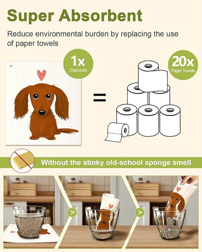 Miss Adola 6 Pack Swedish Dishcloths for Kitchen - Reusable Dish Cloths for Washing Dishes Absorbent Cute Funny Kitchen Towels Cleaning Sponge, Love Dachshund