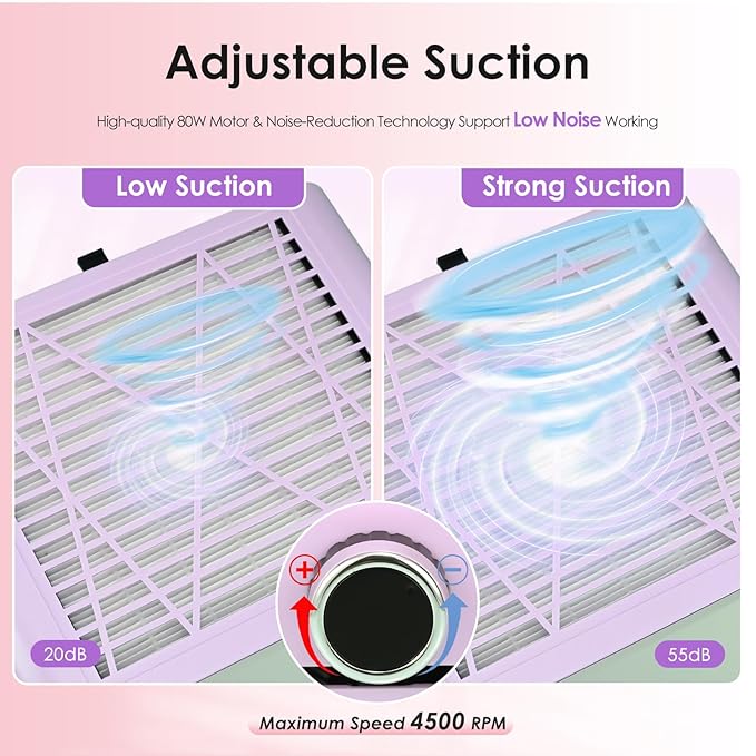 Nail Dust Collector with Reusable Filter & Brush, 80W Powerful Adjustable Electric Nail Fan Dust Vacuum Suction Extractor for Acrylic Gel Nails Polishing Manicure Tool, Low Noise