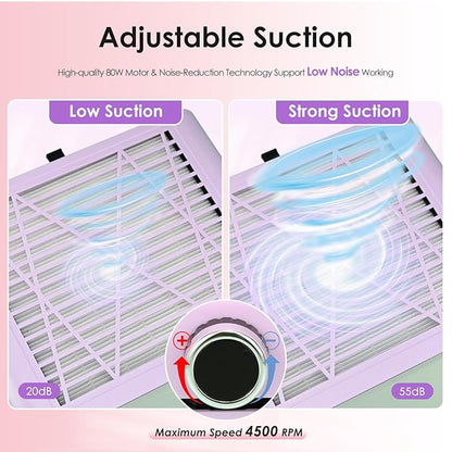 Nail Dust Collector with Reusable Filter & Brush, 80W Powerful Adjustable Electric Nail Fan Dust Vacuum Suction Extractor for Acrylic Gel Nails Polishing Manicure Tool, Low Noise