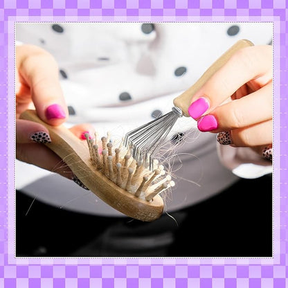 Boao 2 Pieces Hair Brush Cleaning Tool Comb Cleaner Brush Mini Comb Cleaning Hair Remover Tool for Removing Dust Home and Salon Use(Purple, Wood Color,Polished Wooden Handle Rake)