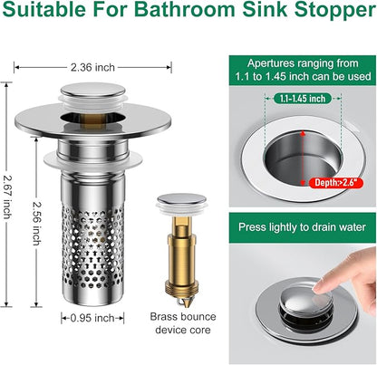 Bathroom Sink Drain Strainer,Universal Pop-Up Sink Stopper Hair Catcher, Anti-Clog Stainless Steel Drain Filter Basket, Removable Sink Drain for Bathroom Sink Stopper