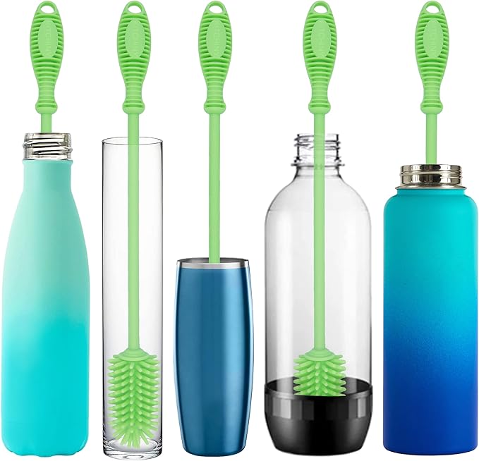 Kitchiny Silicone Bottle Brush with 2 Straw Cleaners - 12.5” Water Bottle Cleaner Brush for Yeti, Hydro Flask, Owala, Stanley, Baby Bottles, Glassware, Vases & Narrow Neck Containers - Green
