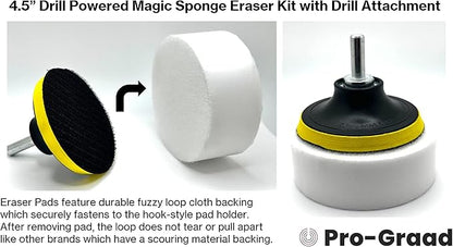 4.5” Drill Powered Magic Sponge Eraser 6 Pieces Kit with Drill Attachment | 25% Thicker Ultra Durable Melamine Cleaning Eraser Pads for Bathroom Kitchen Floors Walls Baseboards Crayon Marker and More