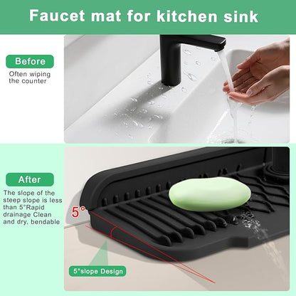 17 Inch Faucet Mat For Kitchen Sink Splash Guard Behind Faucet, ，5°Slope Fast Draining Silicone Mat , Dish Soap Sponge Holder for Bathroom Sink kitchen sink organizer (black, 17" x 6")