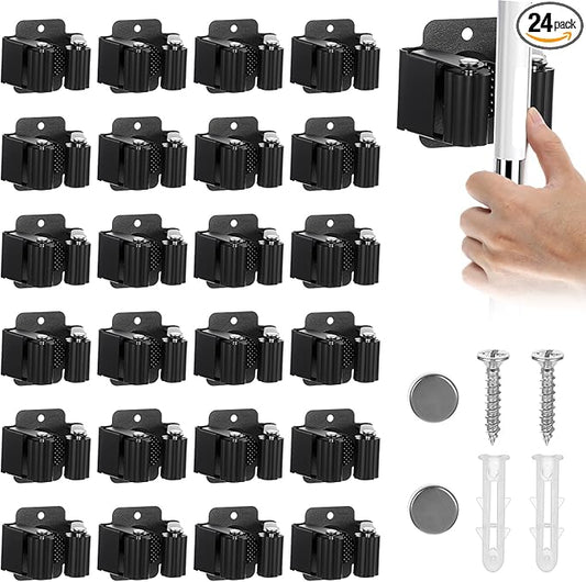 24 Pack Broom and Mop Holder Wall Mount, Hanging Clamp Clip Hanger Utility Rack, Heavy Duty Stainless Steel Adjustable Clamp Organizer with Screws for Garage, Home, Garden Tools, Black