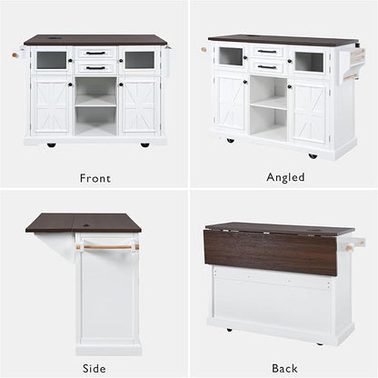 54.9" Large Kitchen Island with Drop Leaf, Power Outlet, Kitchen Storage Islands with Cross Barn Doors & Visual Glass Door, Rolling Kitchen Cart on 4 Wheels, White