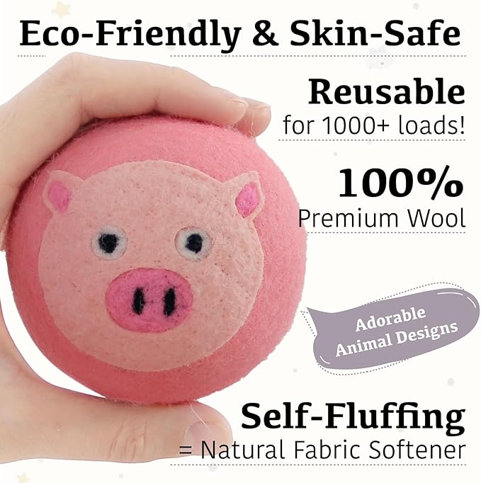 Wool Dryer Balls XL 6-Pack with Felt Storage Box, 100% Pure Wool Dryer Balls, Reusable Laundry Dryer Balls, Reduce Drying Time Wrinkles Static, Natural Fabric Softener Alternative (Pink Pig)