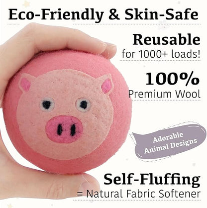 Wool Dryer Balls XL 6-Pack with Felt Storage Box, 100% Pure Wool Dryer Balls, Reusable Laundry Dryer Balls, Reduce Drying Time Wrinkles Static, Natural Fabric Softener Alternative (Pink Pig)
