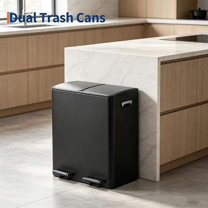 Dual Compartment Trash Can, 2 x 5.3 gal, 20L x 2 Stainless Steel Recycling Bin, Modern Kitchen Trash Bin with Foldable Anti-Slip Foot Pedal, Soft-Close Lid, Removable Inner Buckets, Kitchen Garbage