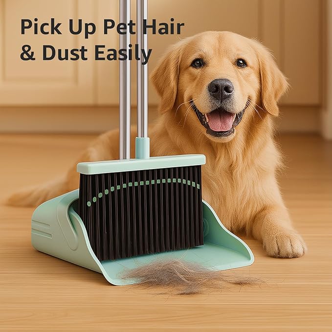 Broom and Dustpan Set, Green 52-Inch Adjustable Handle Upright Broom with Self-Cleaning Comb Teeth, Pet-Hair Friendly Sweeping for Indoor Hard Floors