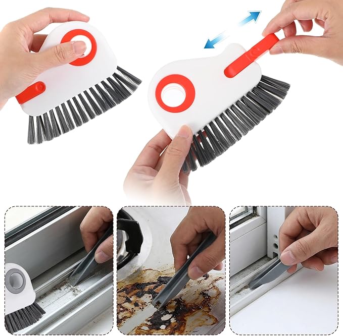 Qianyu 2 PCS Groove Cleaning Brush 2 in 1 Window Track Cleaning Tool Crevice Cleanings Brush Multifunction Hard Bristle with Hidden Scraper Grout Cleaner Grip Brushes for Slid Door Track Window Sill