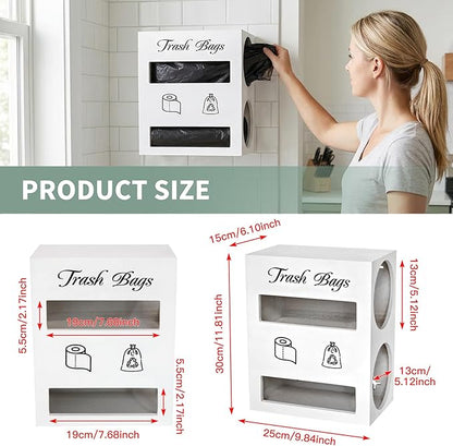 2 in 1 Trash Bag Dispenser, Double Wall Mounted,Wood Trash Bag Holder, used in kitchen, garage, laundry room, can store Environmentally friendly food bags and garbage bags (White/Large)