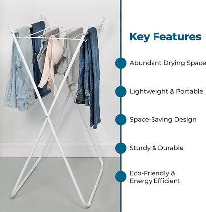 Honey-Can-Do Easy-Fold Collapsible Clothes Drying Rack, Sturdy Metal Laundry Rack Holds 40 lbs, Space-Saving Foldable Towel Rack for Indoor Outdoor Use, Non-Skid Feet, White