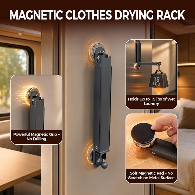 RV Clothes Drying Rack, 16" Retractable Magnetic Foldable Drying Rack for Rv Camper Trailer Boat, No-Drilling Portable Drying Racks for Laundry for Any Metal Surface, Alloy Steel Construction