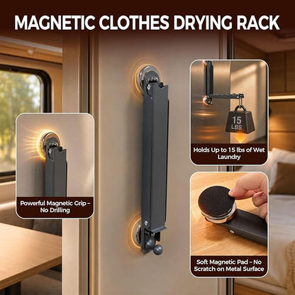 RV Clothes Drying Rack, 16" Retractable Magnetic Foldable Drying Rack for Rv Camper Trailer Boat, No-Drilling Portable Drying Racks for Laundry for Any Metal Surface, Alloy Steel Construction