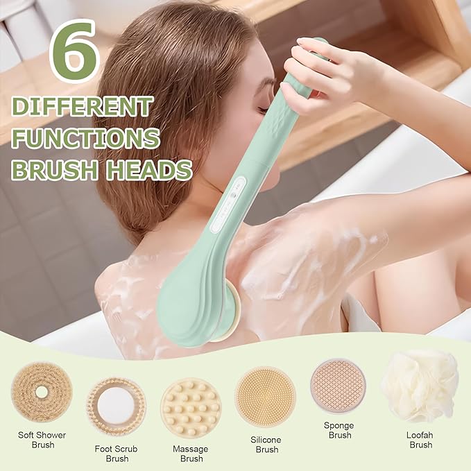 Electric Body Bath Brush, Rechargeable Back Scrubber for Shower, Long Handle Exfoliating Bath Brush for Shower, Lotion Applicator for Back, Silicone Body Scrubber with 6 Shower Brush Heads
