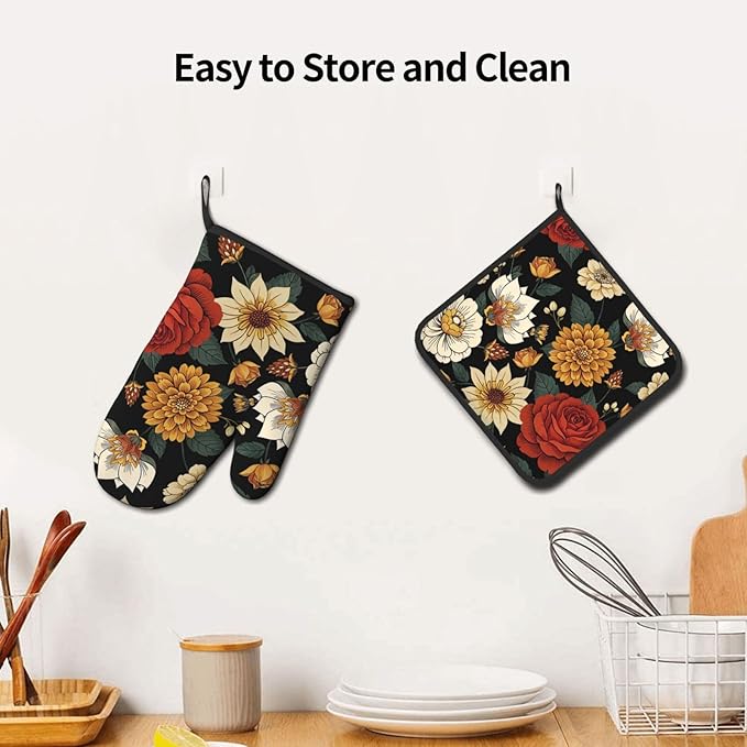 Boho Floral Oven Mitts and Pot Holders Sets of 2 Vintage Kitchen Mitts Bohemian Flower Hot Pads for Cooking Baking Grilling