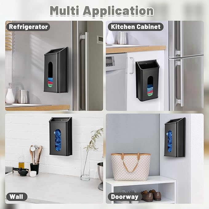 Sumnacon Grocery Bag Dispenser Wall Mount Stainless Steel Bag Dispenser for Plastic Bags Sturdy Grocery Bag Holder with Screws Adhesives Plastic Bag Holder for Kitchen Pantry Cabinet (Black)