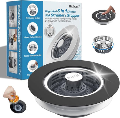 Hibbent Upgraded 3 in 1 Kitchen Sink Drain Strainer, Stainless Steel Pop Up Sink Stopper, Larger Anti-Clogging Basket, 3-Layer Seal, Detachable Drain Plug for US Standard 3-1/2" Drain, Matte Black