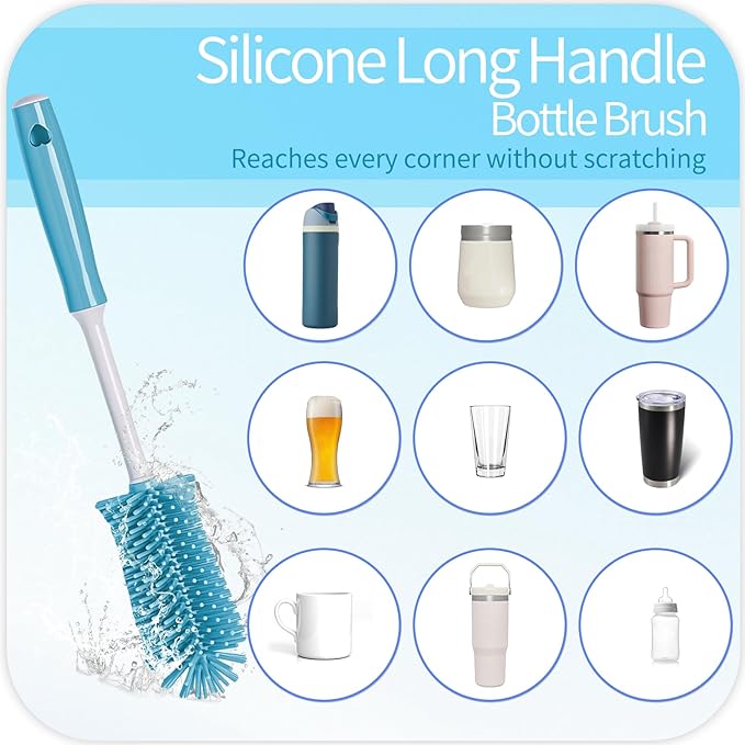 Silicone Cleaning Brush Kit - Water Bottle Brush with Long Handle Heavy Duty Straw Cleaner Brush, 4 in 1 Multipurpose Cup Cleaner Kit for Thermos, Sport Bottles, Coffee Mugs