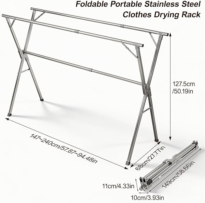 Spreezy Stainless Steel Clothes Drying Rack, Indoor/Outdoor Drying Rack for Clothes, Portable Folding Laundry Drying Rack, Adjustable Length, Space-Saving, with Windproof Hooks