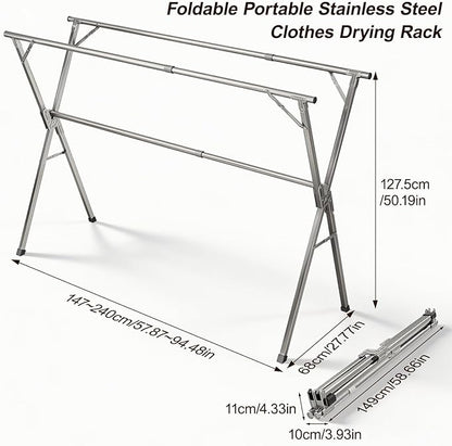Spreezy Stainless Steel Clothes Drying Rack, Indoor/Outdoor Drying Rack for Clothes, Portable Folding Laundry Drying Rack, Adjustable Length, Space-Saving, with Windproof Hooks