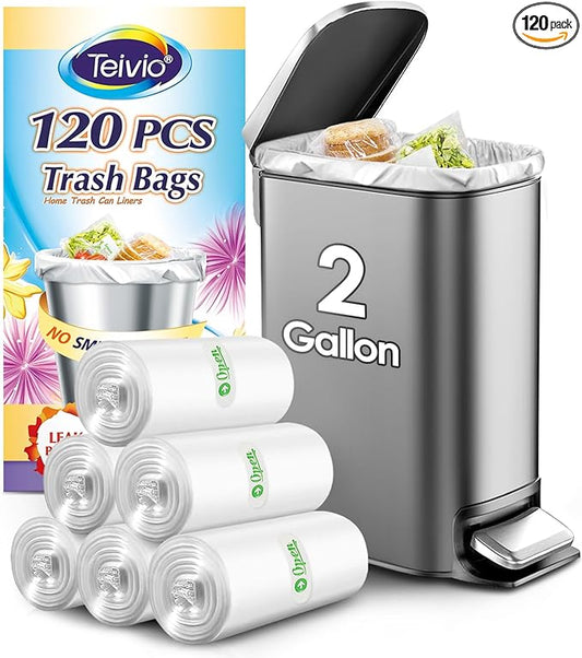 2 Gallon 120 Counts Strong Trash Bags Garbage Bags by Teivio, Bathroom Trash Can Bin Liners, Plastic Bags for home office kitchen, Clear