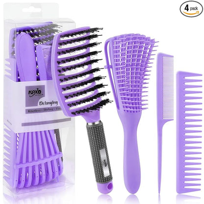 4pcs Curly Detangling Brush Set for Adult & Kids Wet or Dry, 3/4ABC Hair with Wide Tooth Comb (4, Purple)