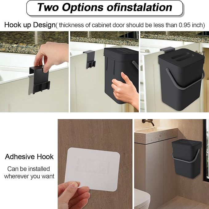 Compost Bin Kitchen, for use on Countertops or Under Sinks, Hanging Trash Can with Lid, for Cupboard/Bathroom/Bedroom/Office/Camping, Mountable Indoor Compost Bucket(Black 0.8 Gallon/3L)