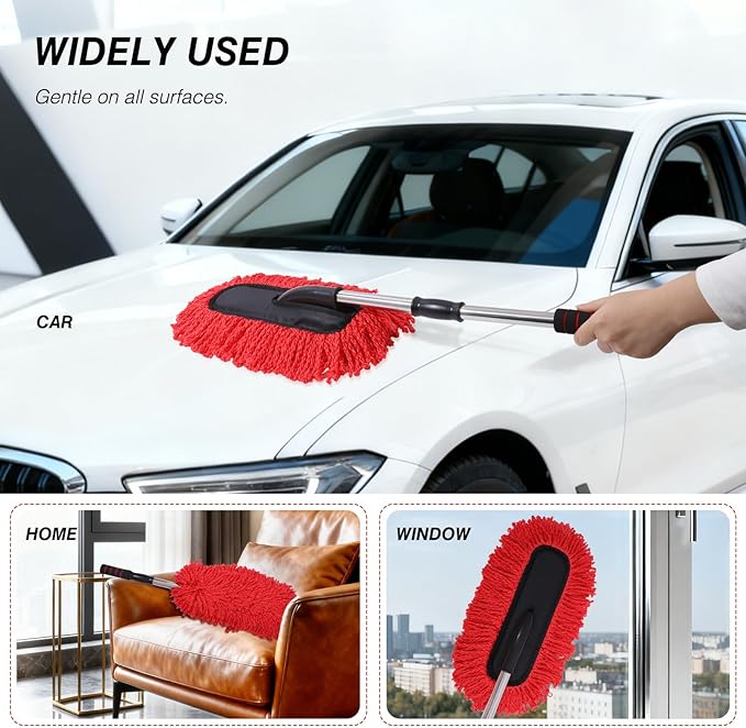 IPELY 3 Pack Large Red Microfiber Car Duster Exterior Scratch Free with Extendable, Car Duster Interior Multipurpose dust Cleaning