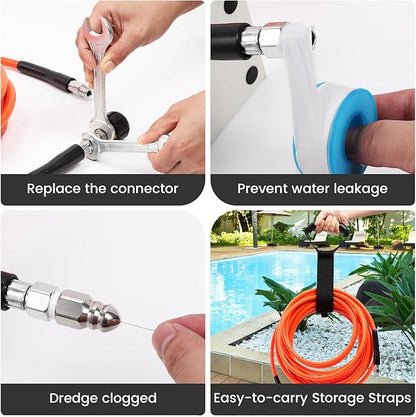 100FT Pressure Washer Sewer Jetter Kit, 5800 PSI Water Jet Drain Cleaner Hose with Corner Rotating Button Nose Nozzle, Sewer Jetting Nozzles Kit with Spanner Handle Strap